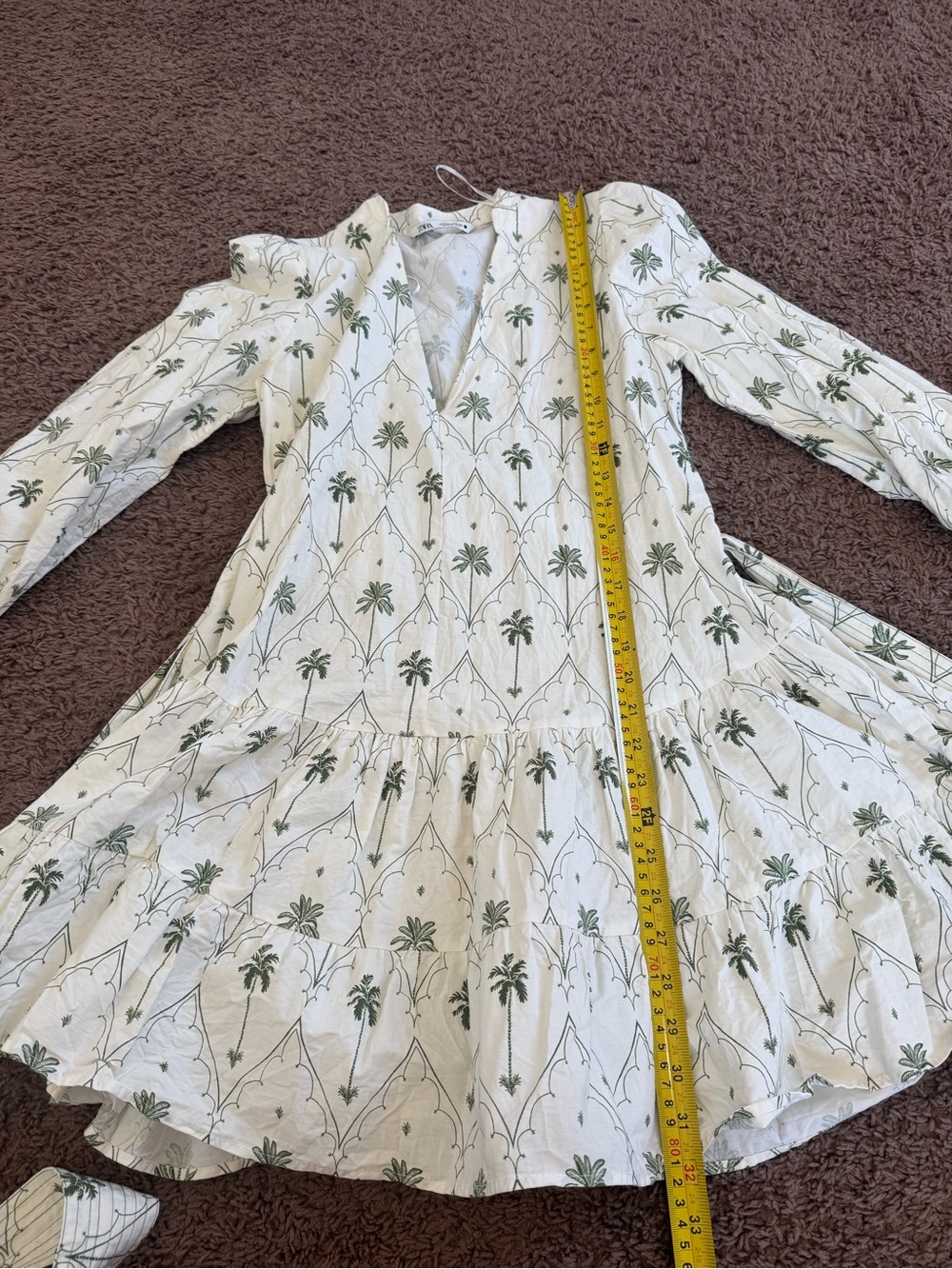 Zara Puff Sleeve Palm Tree Printed Mini Dress White Green Small - Picture 8 of 9